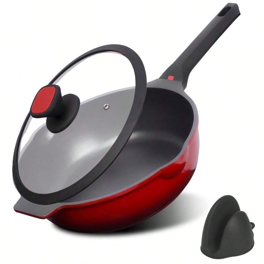 Sartén antiadherente con tapa y pinza de silicona de 11" Sartén para freír y wok antiadherente Utensilios de cocina Sartén roja para cocinas de gas, inducción, eléctricas y halógenas de superficie plana - Sartén  roja de 11 pulgadas - Ver 1