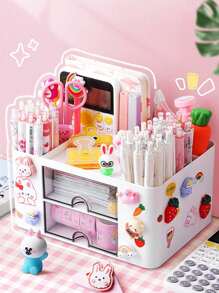 1 pieza Caja de almacenamiento de maquillaje, organizador de escritorio con cajón, estuche de exhibición de cosméticos de gran capacidad con múltiples rejillas, soporte para brochas de maquillaje, apto para guardar lápiz labial, joyería, manicura, productos para el cuidado de la piel, organizador de tocador de baño, decoración de tocador, contenedor de artículos de oficina, suministros de vuelta al colegio, regalo navideño, regalo de Navidad