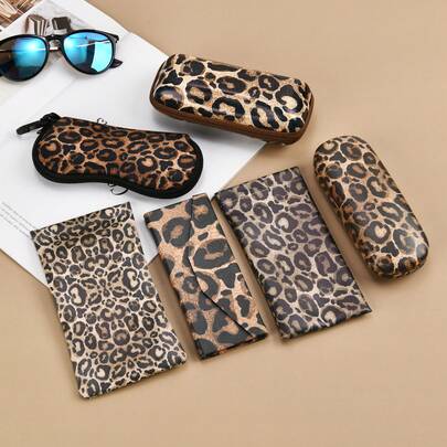 1pc Leopard Print Eyeglass Case, EVA/Diving Material Eyeglass Bag, Double Layer Foldable Eyeglasses Case, Fashionable & Versatile