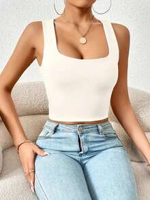 Crop top para mujer escote cuadrado resaque  Liso    Casual    Espalda al aire    crop top   Playa  Vacaciones  Casa  Diario  Fiesta de Cumpleaños  Jardín  Calle  regreso a casa  Despedida de soltera  viaje  Escenario y concierto    primavera verano - Blanco - Ver 1