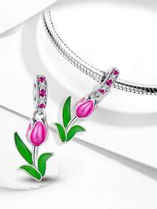 1Pc Fashionable Flower Tulip Clover Charm Bead Fit For Women Bracelets Bangles DIY Jewelry Making And Daily Outfit Matching Jewelry Decoration For Girls - Silver - View 5