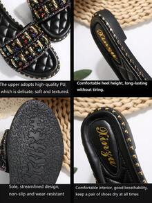 Women's Fashion Slip-On Sandals, 2025 Newest Styles, European-American French Korean Casual Versatile Flat Pearl Rhinestone Embellished Beach Vacation Slippers Valentines - Black - View 2