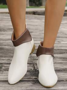Botas Curtas Elegantes Vintage para Mulheres, Botas Ankle Confortáveis de Salto Baixo, Calçado para Exteriores com Salto Reto Bloco de Cores, Adequado para Primavera/Outono, Botas da Moda para Outono/Inverno