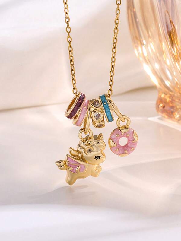 1pc Enamel Dripping Oil Pegasus Pendant Necklace, Fashionable & Cute Donut Colorful Dopamine Choker Necklace, Suitable For Girls, Daily Wear, Festivals, Best Friends