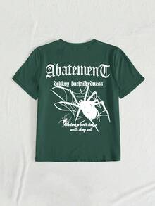 Teen Girls Gothic Spider Graphic Tee, White Short Sleeve T-Shirt With Slogan Print, Bold For Summer/Party - Dark Green - View 3