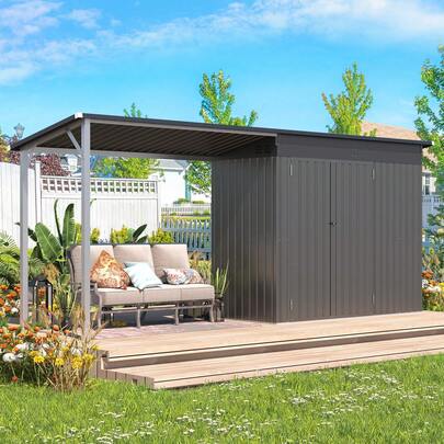  YODOLLA Outdoor Open-Sided Storage Shed Metal Shed, 4.2x1.3m Sheds & Outdoor Storage With 32 Sq. Ft Covered, Small 2-In-1 Tool Shed With Attached Hardtop Metal Pergola Gazebo
