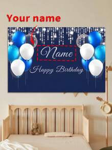 1 件蓝白元素生日派对背景 - 可定制您的名字，银色闪光“生日快乐”设计，6 种尺寸可选，无需电力，适用于室内/室外背景装饰、季节性装饰、派对背景装饰、生日派对氛围装饰