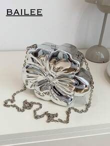 BAILEE 金属花形晚宴包舞会婚纱手提包口红零钱化妆包配饰包带金属链可斜跨前卫女士礼物 - 銀色 - 查看 10