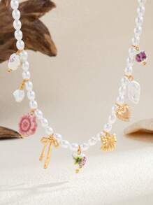 1pc Summer Retro Ceramic Chinese Style Bow, Heart, Asymmetrical Pearl Pendant Necklace, Vacation Style Collar Accessory