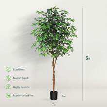 6 Feet Artificial Ficus Tree - Fake Silk Plants With Lifelike Leaves And Natural Wood Trunk - Faux Potted Tree For Indoor Home Decor