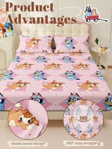 Bluey 1件蓝色小矮人图案床笠，蓝色小矮人图案床垫保护套，舒适床上用品，透气，抗起球，卡通床罩，家居装饰，适用于所有床型 - 单人床、双人床、大号床、特大号床，四季皆宜，可机洗，防尘防滑，不含枕头和枕套，节日礼物，秋季装饰，房间装饰 - 粉色 - 查看 6