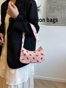 新款时尚女士单肩包，草莓印花灯芯绒面料轻便腋下包，时尚百搭，适合约会、购物 - 粉色 - 查看 5