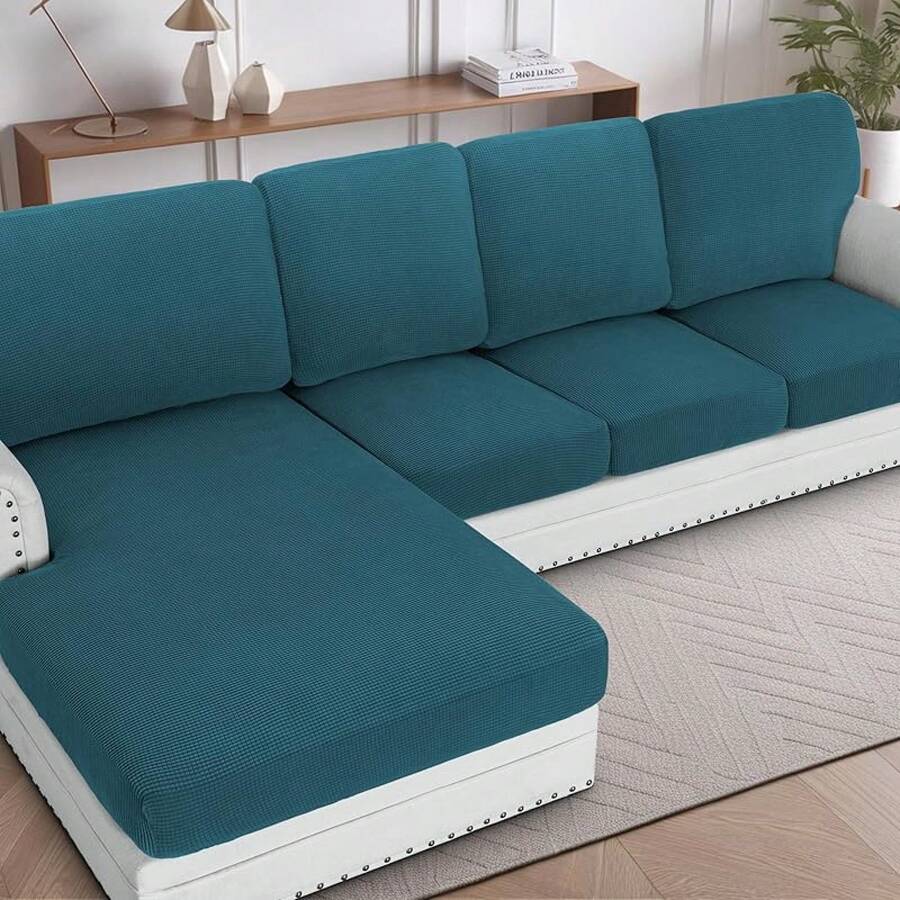 2025 New Sectional Couch Covers 8 Pieces Stretch Sofa Covers Sectional Sofa Set Separate L Shaped Couch Cover Both Left/Right Couch (And Back: 1 Chaise + 3 Sofa, Ivory), Modern Comfortable Sofa Covers - 深青色 - 查看 1