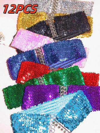 12pcs-9pcs-5pcs-1pc 90cm-60cm Of Sequin Elastic Waistband, Women's Buckle Waistband, Mirror Sequin Waistband, Fashionable Waistband,Belts For Women Fall, Autumn, Halloween