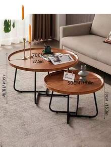 2pcs Set Suitable For Small Spaces Round Coffee Table Set - Modern Multifunctional Lift-Up Footstool With Storage, Minimalist Apartment Living Room Decor, 2pcs Nesting Tables (-Wood)
