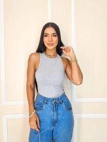 Regata Feminina Blusa em Ribana Moda  Blogueira - Cinza Claro - Visão 3