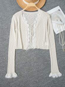 Apricot Lace Patchwork Short Tie Knit Cover Up, V-Neck Sunscreen Cover Up Jacket For Women, Summer