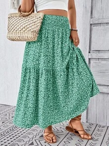 Plus Size Women Ditsy Floral Ruffle Hem Drawstring Waist Casual Midi Skirt, Suitable For Vacation In Autumn Summer - Green Flower - View 8