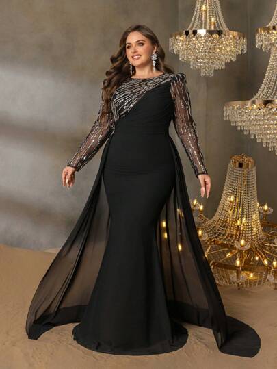 Faeriesty Robe de soirée élégante à perles en mousseline de soie avec courbe plus - Rayures diagonales audacieuses en perles, jupe fluide de longueur plancher avec superposition de tulle transparent pour les dîners de gala, les fêtes Top de gamme et les tenues d'invitée de mariage