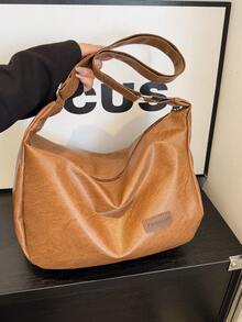 Retro Large Capacity Shoulder Bag For Women, Versatile Soft Plain Color Underarm Bag - Khaki - View 9