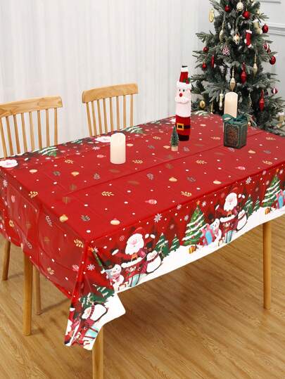 1 pezzo Tovaglia di Natale, con motivi di Babbo Natale, pinguino, pupazzo di neve, fiocchi di neve e albero di Natale, taglia 220x130cm, tovaglia monouso in PE, decorazioni natalizie, forniture per feste di Natale, decorazioni di Natale, decorazioni di Natale