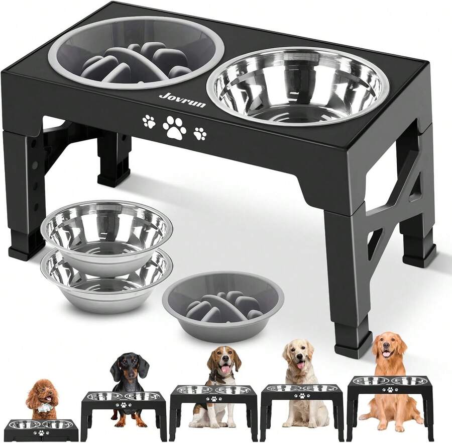 Jovrun Elevated Dog Bowls, Dog Feeder With 2 Stainless Steel Dishes &Amp;1 Slow Feeder Bowl, 5 Heights Adjustable Raised Stand For Medium Large, Food Dishes With Non-Slip Feet - For Medium Large dogs - 查看 1