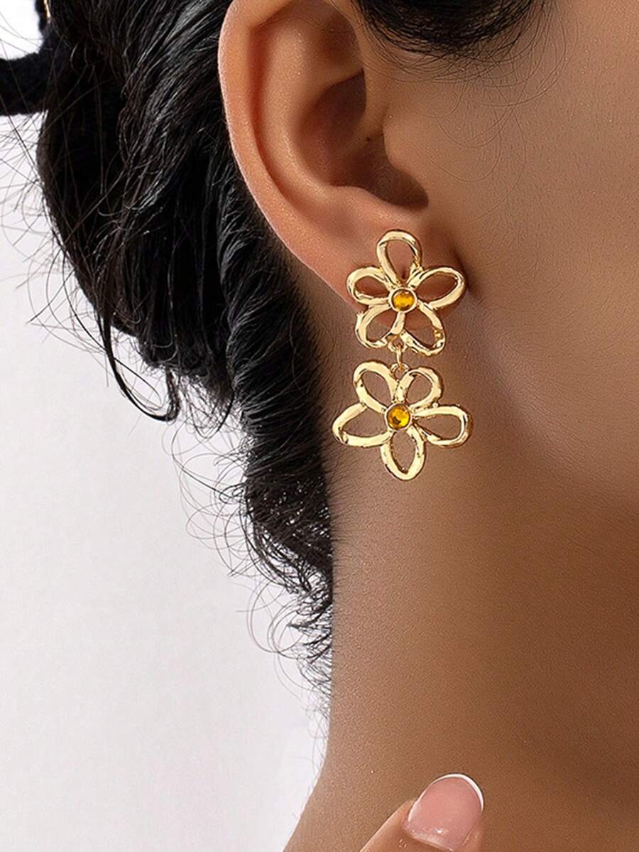 1 对时尚简约花朵耳环，复古风格女士日常佩戴耳环 - 花 - 查看 1