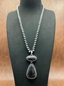 Retro Western Country Style Faux Pearl CCB Beaded Necklace Chain With Water-Drop Pendant, 3 Layers Chain Design, Matching Rectangle Earrings, Suitable For Women And Girls To Pair With Daily Outfit, Party Accessories, Jewelry, Gift For Family/Friends/Yourself