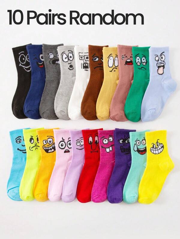 10/6/5 Paar Damen/Paare/Kinder Frühling & Sommer Einfarbige Wadensocken mit niedlichen grafischen Ausdrücken, vielseitig einsetzbar für Freizeit, Sport, atmungsaktiv & feuchtigkeitsableitend, weich & bequem für Schüler & Erwachsene (gemischte Stile)