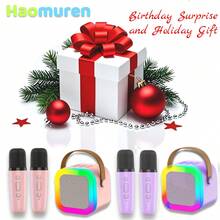 Haomuren A Set Of  Portable Karaoke Speaker With Distinctive RGB Lighting, One Rechargeable Karaoke Speakers And Two Wireless Microphones With Voice Change, Perfect For Gifts/Parties, Support TF Card/Headphone Jack/USB-C Charging, Two Colors- Pink & Purple, 1800mAh Battery