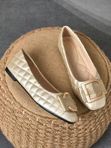 WHDXY 女士方头法式低帮蝴蝶结柔软浪漫风格平底鞋，时尚女士乐福鞋，春季新款百搭休闲平底女鞋 - 金色 - 查看 2