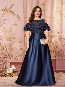 SUPGIR Plus Women's Round-Neck Falling Shoulder Sleeves Sequin Patchwork Satin Mesh Fabric Design Elegant Slim-Fitting Evening Dress - Navy Blue - View 1