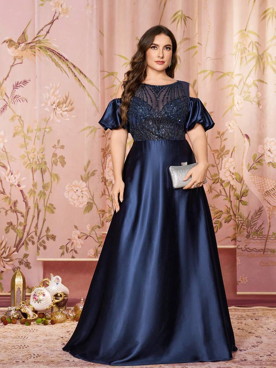 SUPGIR Plus Women's Round-Neck Falling Shoulder Sleeves Sequin Patchwork Satin Mesh Fabric Design Elegant Slim-Fitting Evening Dress - Navy Blue - View 1