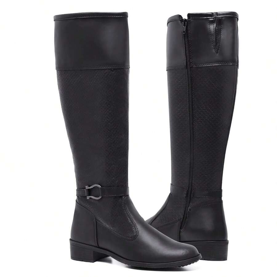 Women's Riding Boots Colors With Buckle Comfortable Casual High Shaft With Side Zipper - 黑與白 - 查看 1