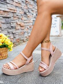 Women's Platform Wedge Sandals, Summer New Casual Vacation Fashion Woven Transparent Open Toe Bohemian Sexy Slippers - Baby Pink - View 1