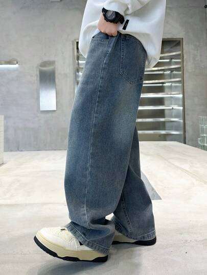 Tween Boy 宽松直筒牛仔裤，适合日常、上学、户外和休闲穿着，秋季