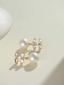 金色 C 形锆石和珍珠吊坠耳环，优雅可爱，适合日常佩戴、派对和聚会 - 金色 - 查看 5