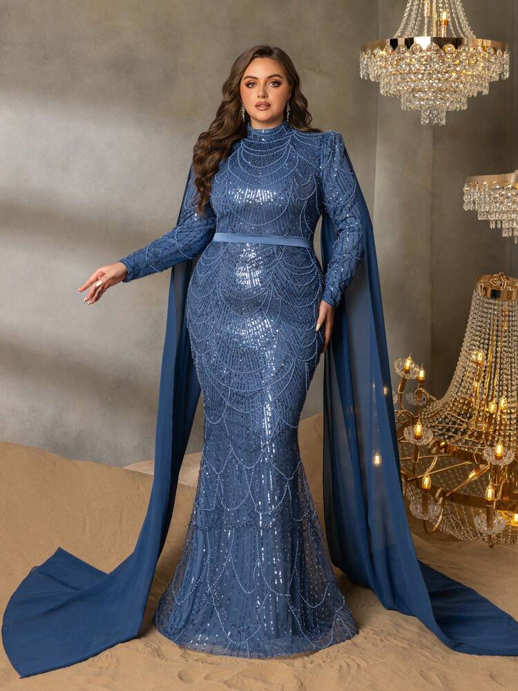 Plus Elegant Long Sleeve Mandarin Collar Evening Gown With Flowing Cape & Mermaid Hem - Formal Dresses For Galas, Red Carpet, Weddings, Evening Soirees Party - Dusty Blue - View 3