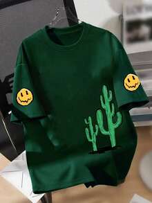 青少年男孩卡通表情和标语印花圆领T恤 夏季女孩休闲T恤 柔软上衣 - 墨綠色 - 查看 2
