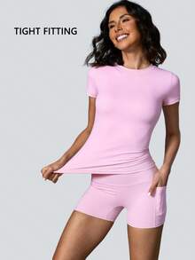 NcmRyu 1 Set Solid Color Women's Casual Sports Fitness Sweet Short Sleeve Top And Booty Shorts Set Comfortable Activewear For Fitness Gym Running And Outdoor Activities Spring Summer - 粉色 - 查看 9