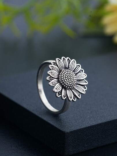 1pc Minimalist Vintage Sunflower Design Ladies Ring, Suitable For Daily Wear