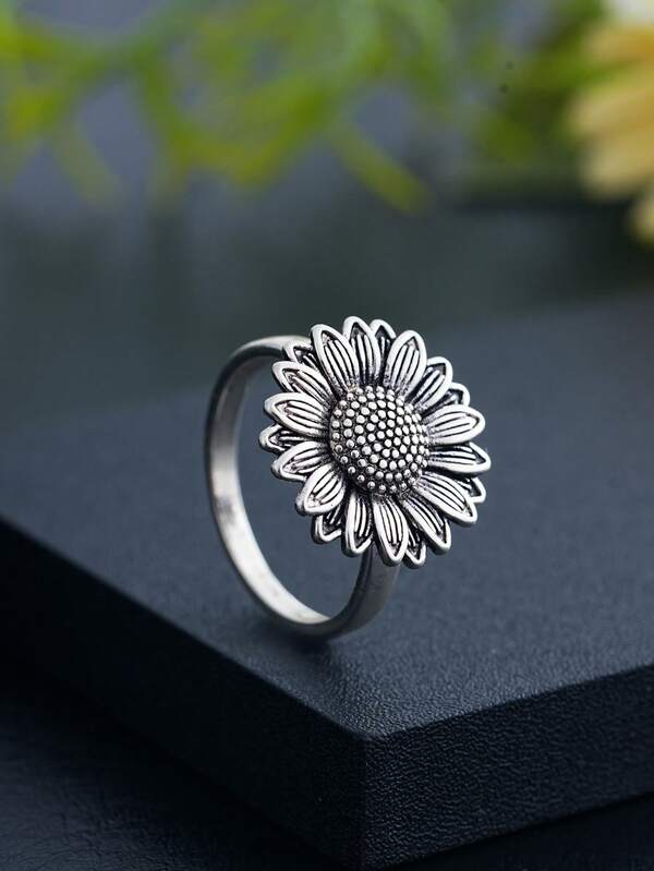 1pc Minimalist Vintage Sunflower Design Ladies Ring, Suitable For Daily Wear