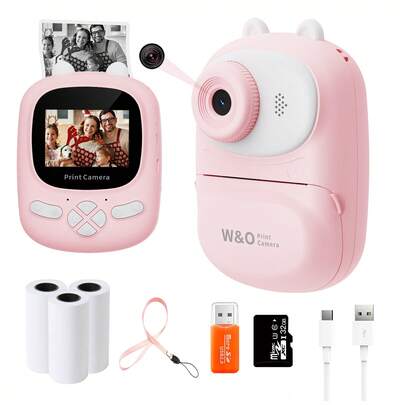  1pc W&O Instant Print Camera - 1080P FHD Digital Display, Shockproof Mini Cartoon Camera With Timer, Scratch-Resistant, Includes 32GB TF Card & Reader, Puzzle Games, Rechargeable Battery, Neck Lanyard, Drawing Pens, And Photo Paper Rolls, Ideal For Outdoor Photography And Gifts