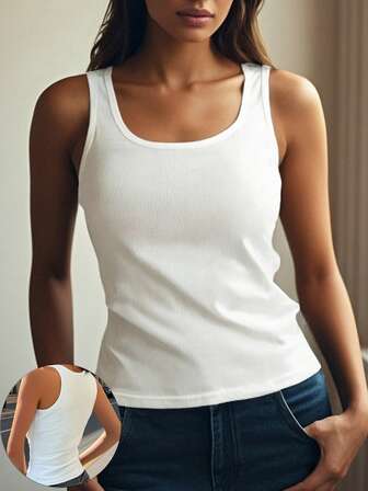 女式纯色无缝性感宽肩带吊带背心，紧身罗纹薄衬垫工字背心，可作为外套穿着