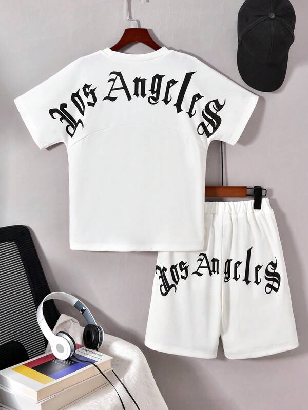Vihyde 2pcs/Set Older Boys Classic Black & White Letter Print Crew Neck Short Sleeve T-Shirt & Shorts Set