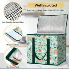 Bolsa de supermercado reutilizable y grande con diseño floral, aislada - Bolsa aislada, recipiente aislado, puede mantener los alimentos calientes/frescos durante mucho tiempo, cierre superior duradero con cremallera, interior espacioso con bolsillo de almacenamiento, perfecto para catering, entrega de pizza, barbacoa y picnics al aire libre, bolsa escolar para regreso a clases, bolsa de almuerzo para mujeres, bolsa refrigeradora, accesorios de picnic