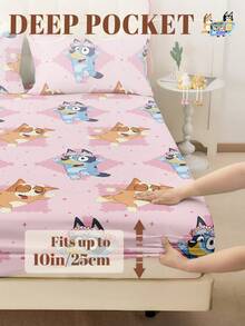 Bluey 1件蓝色小矮人图案床笠，蓝色小矮人图案床垫保护套，舒适床上用品，透气，抗起球，卡通床罩，家居装饰，适用于所有床型 - 单人床、双人床、大号床、特大号床，四季皆宜，可机洗，防尘防滑，不含枕头和枕套，节日礼物，秋季装饰，房间装饰 - 粉色 - 查看 4