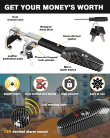 Tevlaphee Steering Wheel Lock With Alarm,Heavy Duty Anti-Theft Car Device Car Lock Car Theft Prevention Universal Fit For Vehicle Truck Van SUV Car Security With 2 Keys - 1 - 查看 6