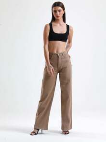 Damen Leinen Hosen mit hoher Taille und weitem Bein, einfarbig, Lässig mit Knopf, Reißverschluss und Taschen