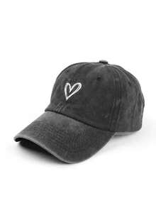 1 pezzo Cappello visiera donna con ricamo a cuore, vintage invecchiato e lavato, cappellino da baseball con visiera curva casual, adatto per uso quotidiano, coppia, vacanza - Grigio - Visualizzare 7